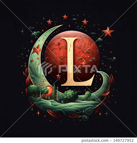 Zodiac sign of libra with crescent moon and stars. letter L 140727952