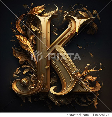 Gold letter K with floral ornament on black background. 3d illustration Gold letter K with floral ornament on black background. 3d illustration 140728175