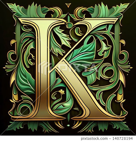 Luxury floral capital letter K with green leaves on black background. Luxury floral capital letter K with green leaves on black background. 140728194