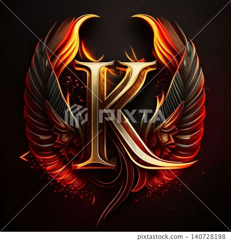 Flaming letter K with wings on black background. Vector illustration. Flaming letter K with wings on black background. Vector illustration. 140728198
