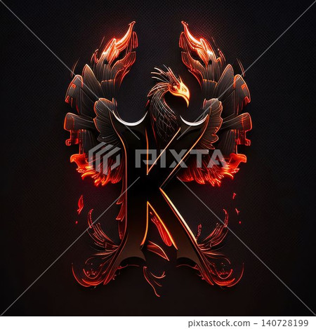 Flaming letter K with wings on dark background. Vector illustration. Flaming letter K with wings on dark background. Vector illustration. 140728199