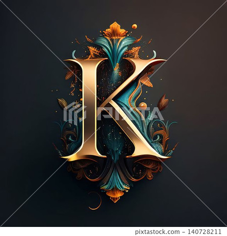 Luxury letter K with floral ornament and decorative elements, 3d render Luxury letter K with floral ornament and decorative elements, 3d render 140728211