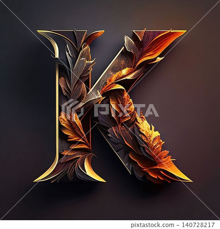 K letter with gold leaves. 3d render on black background. K letter with gold leaves. 3d render on black background. 140728217