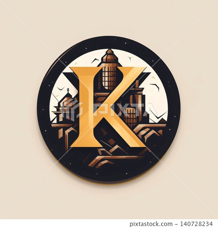 K letter logo on the background of the old city. Vector illustration. 140728234