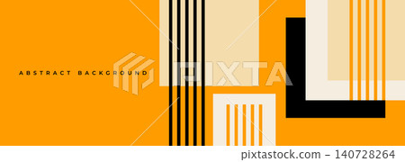 Modern geometric orange abstract wide banner. Bright vector abstract background with black and beige square shapes and stripes 140728264