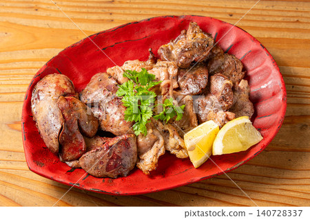 A selection of three types of carefully grilled yakitori, cooked over charcoal for a delicious aroma. 140728337