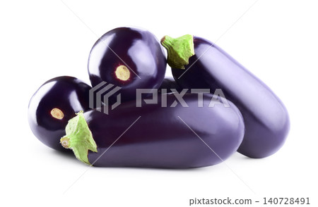 Fresh organic purple eggplant or aubergine vegetable group isolated on a white background. Healthy raw vegetarian food ingredient. 140728491