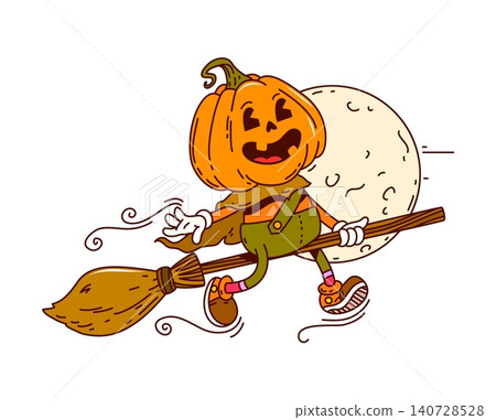 Groovy Halloween funny character with pumpkin head flying on wooden broomstick under full moon. Funky personage wears green pants, brown sneakers and white gloves. Cartoon vector Halloween mascot Groovy Halloween funny character with pumpkin head flying on wooden broomstick under full moon. Funky personage wears green pants, brown sneakers and white gloves. Cartoon vector Halloween mascot 140728528
