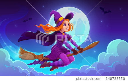 Cartoon funny Halloween witch character flying on broomstick in night sky with full moon background. Halloween horror holiday and trick or treat party banner with cute witch on broom with bats Cartoon funny Halloween witch character flying on broomstick in night sky with full moon background. Halloween horror holiday and trick or treat party banner with cute witch on broom with bats 140728550