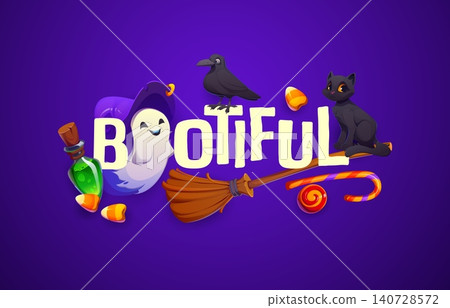 Bootiful quote T shirt print, Halloween greeting vector card. Cheerful ghost, black cat, crow and potion bottle appear among candies and broom arranged around the word bootiful for Halloween greeting Bootiful quote T shirt print, Halloween greeting vector card. Cheerful ghost, black cat, crow and potion bottle appear among candies and broom arranged around the word bootiful for Halloween greeting 140728572