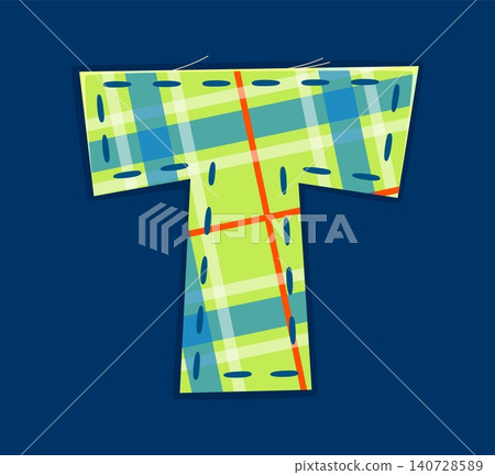 Patch font or patchwork letter typeface for cartoon motley ABC type, vector English alphabet. Patch font letter T of textile with fabric pattern and stitches for quilt applique cut patchwork typeface Patch font or patchwork letter typeface for cartoon motley ABC type, vector English alphabet. Patch font letter T of textile with fabric pattern and stitches for quilt applique cut patchwork typeface 140728589