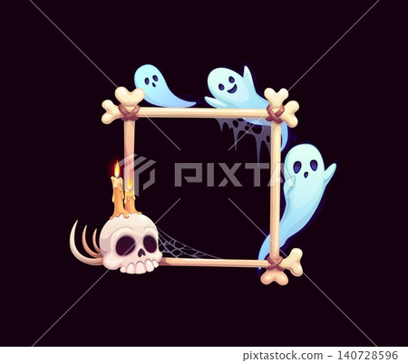 Halloween holiday photo frame with funny ghosts and scary skull, cartoon vector template. Halloween horror night holiday photo frame of skeleton bones with spiderweb or cobweb and spooky boo ghosts Halloween holiday photo frame with funny ghosts and scary skull, cartoon vector template. Halloween horror night holiday photo frame of skeleton bones with spiderweb or cobweb and spooky boo ghosts 140728596