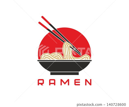 Ramen icon of Asian noodles bowl with chopsticks for Japanese cuisine. Ramen sign with plate and noodles on chopsticks in red circle of Japanese flag for izakaya bar or Chinese and Korean kitchen Ramen icon of Asian noodles bowl with chopsticks for Japanese cuisine. Ramen sign with plate and noodles on chopsticks in red circle of Japanese flag for izakaya bar or Chinese and Korean kitchen 140728600