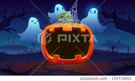 Halloween photo frame of carved pumpkin monster with flying ghosts, vector template. Halloween photo frame for kids with spooky pumpkin and glowing boo ghosts on graveyard cemetery in haunted forest Halloween photo frame of carved pumpkin monster with flying ghosts, vector template. Halloween photo frame for kids with spooky pumpkin and glowing boo ghosts on graveyard cemetery in haunted forest 140728602