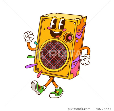 Groovy music loudspeaker or sound speaker character with funky face in Y2K cartoon. Groovy funky loudspeaker dancing to pop music with happy hippie smile at disco party club with loud sound splash Groovy music loudspeaker or sound speaker character with funky face in Y2K cartoon. Groovy funky loudspeaker dancing to pop music with happy hippie smile at disco party club with loud sound splash 140728637