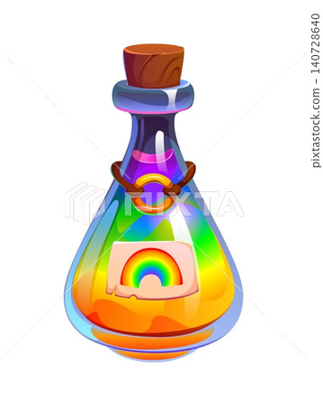 Cartoon magic potion bottle with glowing rainbow liquid and wooden cork, vector vial. Witch magic potion bottle with iridescent elixir drink for witchcraft fairy tale alchemy or Halloween holiday 140728640