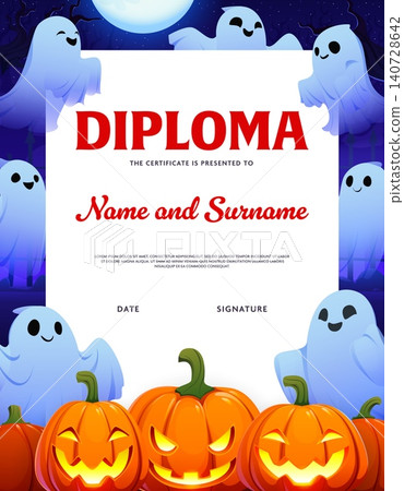 Halloween holiday diploma with carved pumpkins and eerie scary ghosts. Smiling ghosts floating under a glowing moon and carved pumpkin lanterns at the bottom. Halloween celebration, event award Halloween holiday diploma with carved pumpkins and eerie scary ghosts. Smiling ghosts floating under a glowing moon and carved pumpkin lanterns at the bottom. Halloween celebration, event award 140728642