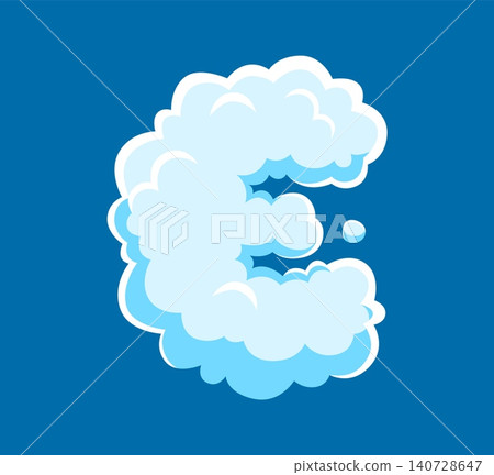 Fluffy white clouds font or smoke typeface letter for heaven type, vector cloudy sky ABC English alphabet. Cartoon cloud font letter E of fluffy cotton or air puff or bubble smoke in blue sky 140728647