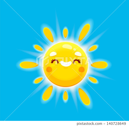 Cartoon sun with sunshine smile on happy face, cute mascot character for summer morning icon. Funny sun smiling with sunny beams shine in blue sky for kawaii emoticon and kids cartoon mascot character Cartoon sun with sunshine smile on happy face, cute mascot character for summer morning icon. Funny sun smiling with sunny beams shine in blue sky for kawaii emoticon and kids cartoon mascot character 140728649
