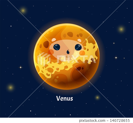 Venus cartoon planet of solar system with funny face and stars in galaxy sky. Solar system cartoon planet character with kawaii smile for kids space astronomy or universe planetary education study 140728655