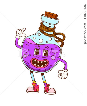 Groovy Halloween potion bottle character with smiling face and cork. Cartoon vector mascot with teeth, expressive eyes, purple liquid, and rope. Retro 70s funky potion for Halloween holiday 140728682
