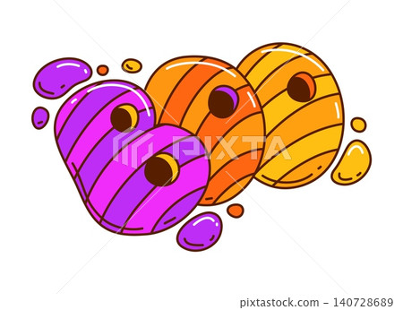 Groovy Halloween Boo quote with bright purple, orange, and yellow stripes. Funky retro colorful text in vector. Striped letters with psychedelic 70s mood for Halloween party 140728689