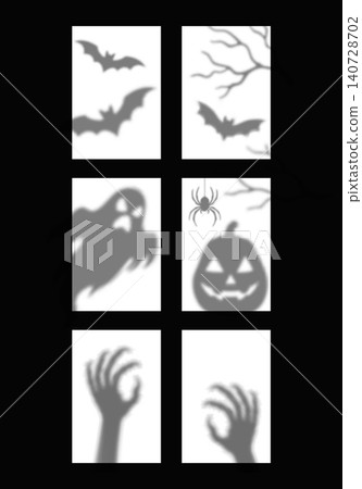 Halloween window silhouettes with spooky ghost shadow, pumpkin lantern, flying bats, tree branches, spider and creepy zombie monster hands. Halloween holiday vector window silhouettes of pumpkin face Halloween window silhouettes with spooky ghost shadow, pumpkin lantern, flying bats, tree branches, spider and creepy zombie monster hands. Halloween holiday vector window silhouettes of pumpkin face 140728702