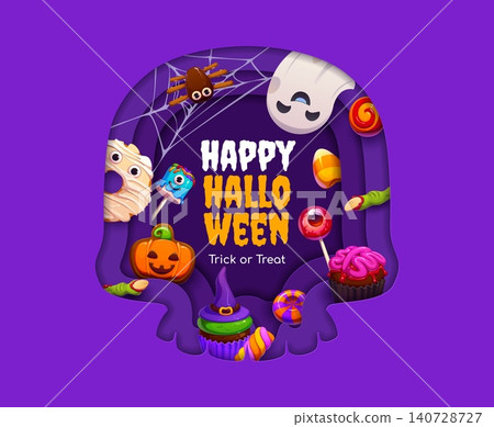 Cartoon Halloween paper cut skull silhouette frame with festive sweets and spooky donuts with eyes, lollipop, pumpkin, cupcake, candy corn and creepy witch monster fingers. Halloween vector paper cut Cartoon Halloween paper cut skull silhouette frame with festive sweets and spooky donuts with eyes, lollipop, pumpkin, cupcake, candy corn and creepy witch monster fingers. Halloween vector paper cut 140728727