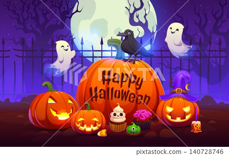 Halloween banner with funny ghosts, carved jack o lantern pumpkin, holiday sweets and abandoned enchanted cemetery landscape. Happy Halloween vector banner with greeting carving on pumpkin lantern Halloween banner with funny ghosts, carved jack o lantern pumpkin, holiday sweets and abandoned enchanted cemetery landscape. Happy Halloween vector banner with greeting carving on pumpkin lantern 140728746