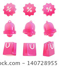 3D Pink Shopping Icon Set with Discount Badge Alarm Bell and Gift Bag for Marketing Banner 140728955
