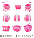 3D E-commerce Icon Set with Shopping Cart Gift Present Box and Basket for Retail Marketing 140728957