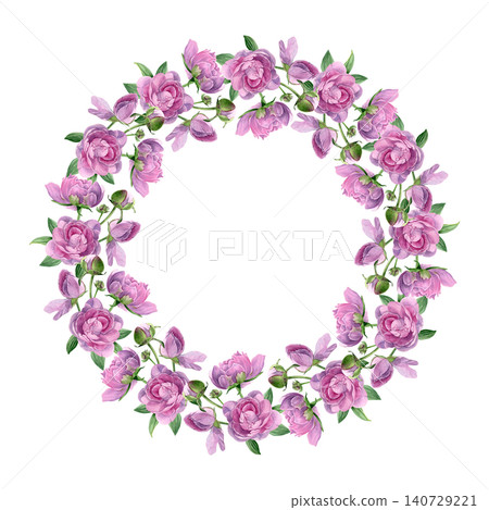 Watercolor floral wreath with pink peonies, buds and green leaves. Elegant botanical frame for wedding invites, logos, branding, cards and spring decor. Watercolor floral wreath with pink peonies, buds and green leaves. Elegant botanical frame for wedding invites, logos, branding, cards and spring decor. 140729221