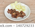 fried fermenting pork cartilage bone with garlic with iceburg lettuce salad on plate 140729233