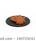 3D illustration cutout of a black plate and two momiji manju (maple leaf-shaped steamed buns) on a transparent background, a Hiroshima specialty. 140729241
