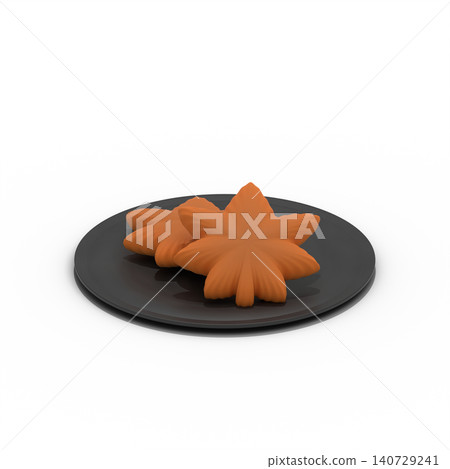 3D illustration cutout of a black plate and two momiji manju (maple leaf-shaped steamed buns) on a transparent background, a Hiroshima specialty. 140729241