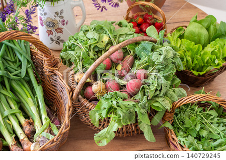Baskets filled with freshly picked organic vegetables sit on a wooden table. Green onions, lettuce, and radishes are among the harvest from a local farm Baskets filled with freshly picked organic vegetables sit on a wooden table. Green onions, lettuce, and radishes are among the harvest from a local farm 140729245