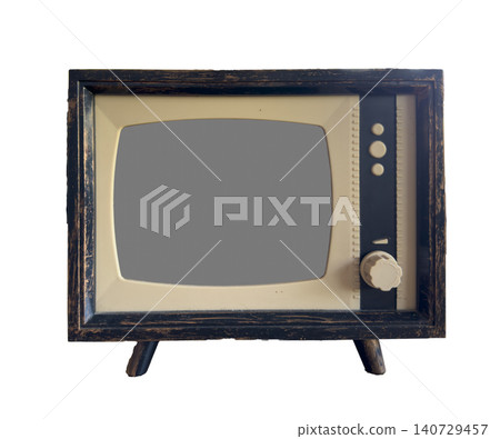 Vintage television stands isolated with blank screen display. Retro device presents empty monitor ready content placement mockup. Technology concept nostalgia media object classic design.. Vintage television stands isolated with blank screen display. Retro device presents empty monitor ready content placement mockup. Technology concept nostalgia media object classic design.. 140729457