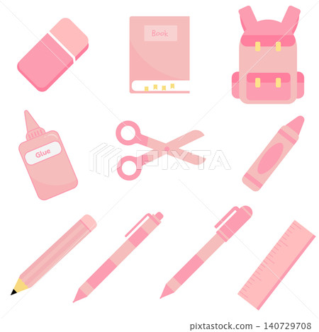 Cute pastel pink school supplies vector set isolated on white background Cute pastel pink school supplies vector set isolated on white background 140729708