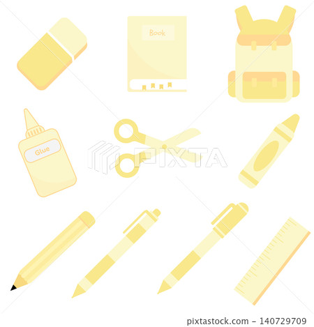 Cute pastel yellow school supplies vector set isolated on white background Cute pastel yellow school supplies vector set isolated on white background 140729709