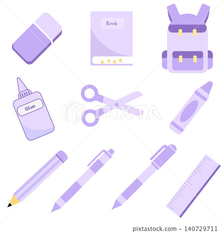 Cute pastel purple school supplies vector set isolated on white background 140729711