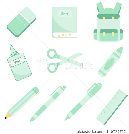 Cute pastel mint green school supplies vector set isolated on white background Cute pastel mint green school supplies vector set isolated on white background 140729712