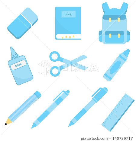 Cute pastel sky blue school supplies vector set isolated on white background Cute pastel sky blue school supplies vector set isolated on white background 140729717