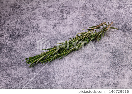Aromatic green rosemary sprig on textured grey background Aromatic green rosemary sprig on textured grey background 140729916