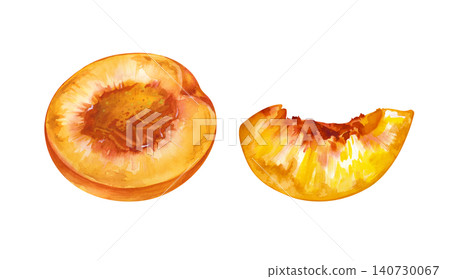 Hand-drawn watercolor peach halves and slice set isolated on white background. For food packaging design, recipe books, summer patterns, and kitchen decor. 140730067