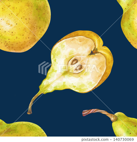 Watercolor seamless pattern with yellow pears on a dark background. Whole pears and halves. Botanical background with juicy seasonal fruits. For packaging, wallpaper, scrapbooking, textiles and Watercolor seamless pattern with yellow pears on a dark background. Whole pears and halves. Botanical background with juicy seasonal fruits. For packaging, wallpaper, scrapbooking, textiles and 140730069
