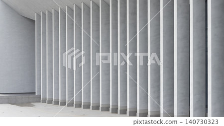 Interior architectural space with concrete columns creating geometric perspective. Minimal structure with repeating vertical elements forming rhythm. Concept of modern design spatial Interior architectural space with concrete columns creating geometric perspective. Minimal structure with repeating vertical elements forming rhythm. Concept of modern design spatial 140730323