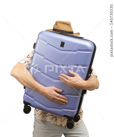 Man holding suitcase in hands isolated white background travel theme. Person carries luggage preparing for vacation trip. Concept of tourism summer holiday journey.. Man holding suitcase in hands isolated white background travel theme. Person carries luggage preparing for vacation trip. Concept of tourism summer holiday journey.. 140730330