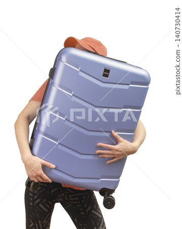 Woman holding oversized suitcase in hands isolated white background travel concept. Female traveler carries heavy luggage preparing for vacation trip. Concept of tourism packing overload Woman holding oversized suitcase in hands isolated white background travel concept. Female traveler carries heavy luggage preparing for vacation trip. Concept of tourism packing overload 140730414