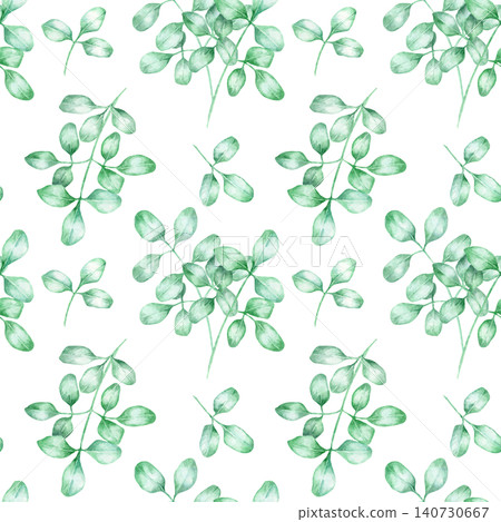 Green moringa leaves repeated in fresh tones as watercolor illustration seamless pattern, hand drawn botanical clipart. Perfect for fabric, packaging, stationery, wallpaper and natural themed designs Green moringa leaves repeated in fresh tones as watercolor illustration seamless pattern, hand drawn botanical clipart. Perfect for fabric, packaging, stationery, wallpaper and natural themed designs 140730667