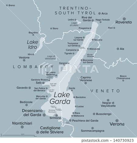 Lake Garda, largest lake in Italy, gray political map. Lago di Garda, or Benaco, west of Verona, at the edge of the Italian Alps, with shorelines divided between Lombardy, Veneto, and Trentino. Vector 140730923